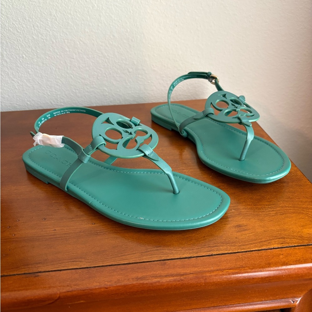 Coach Green T-Strap Sandals with Metal Accent